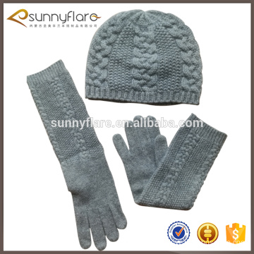 More win custom cashmere material warm and soft cable beanie hat and cable gloves sets